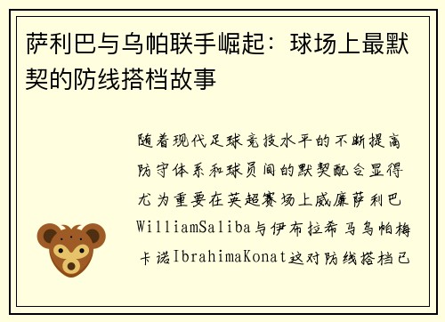 萨利巴与乌帕联手崛起：球场上最默契的防线搭档故事