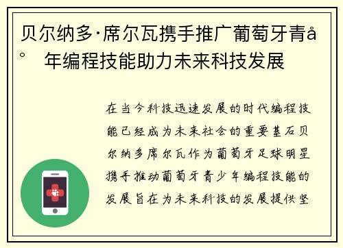 贝尔纳多·席尔瓦携手推广葡萄牙青少年编程技能助力未来科技发展 贝尔纳多·席尔瓦携手推广葡萄牙青少年编程技能助力未来科技发展
