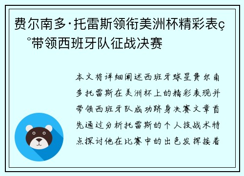 费尔南多·托雷斯领衔美洲杯精彩表现带领西班牙队征战决赛